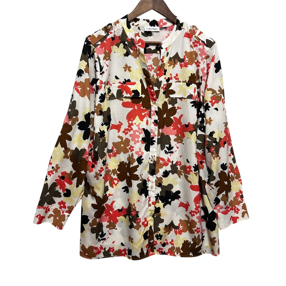 Calvin Klein Women Boho Cottage‎ Tunic Button Top 1X Abstract Floral Workwear